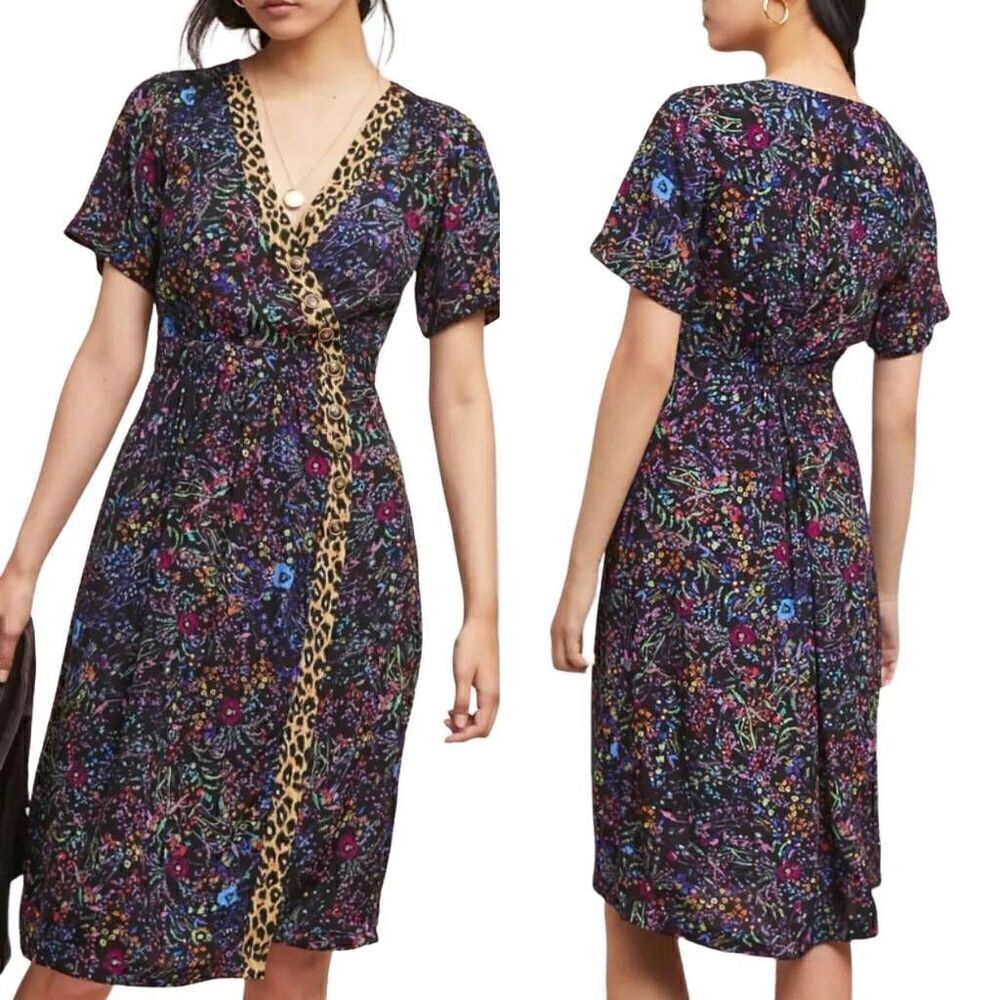 Maeve by Anthropologie Morgan Floral Leopard Wrap Midi Dress Size 2